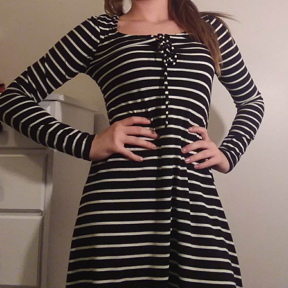 Long sleeved black and white striped dress